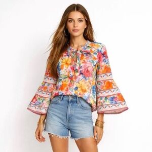 Hale Bob Lucinda Pink Orange Blue Bell Sleeve Floral Top Size Small